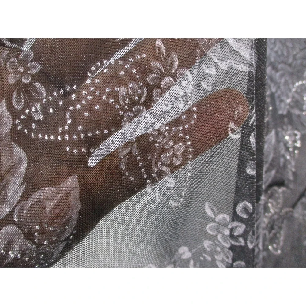 Black Floral Mesh Wrap Scarf Silver Glitter Sheer Goth with Fringe Trim 54x18.5‎